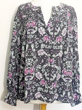 Lane Bryant Gray Purple Floral Tunic Balloon Wide Cuff Sleeves 22